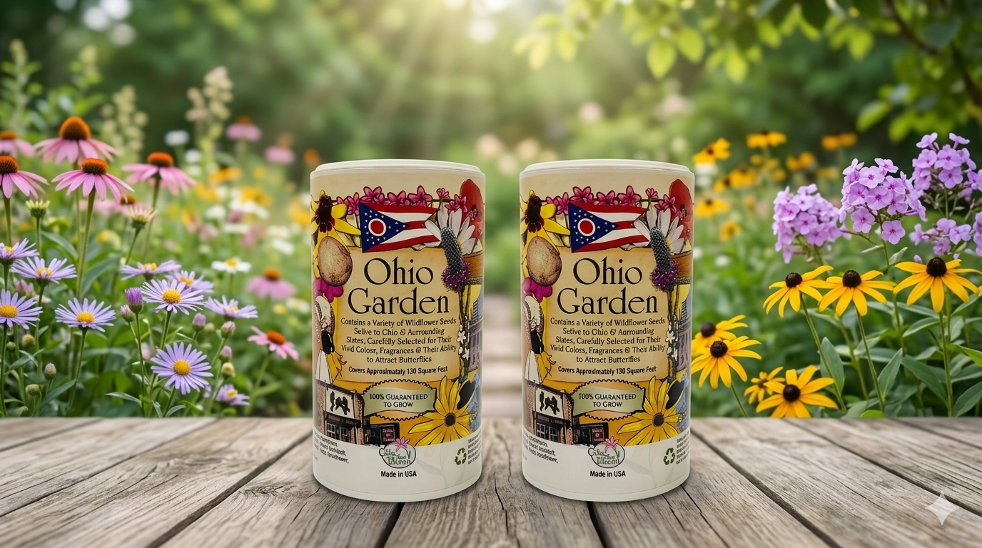 Two cans of 'Ohio Garden' seeds on a wooden table with a garden background